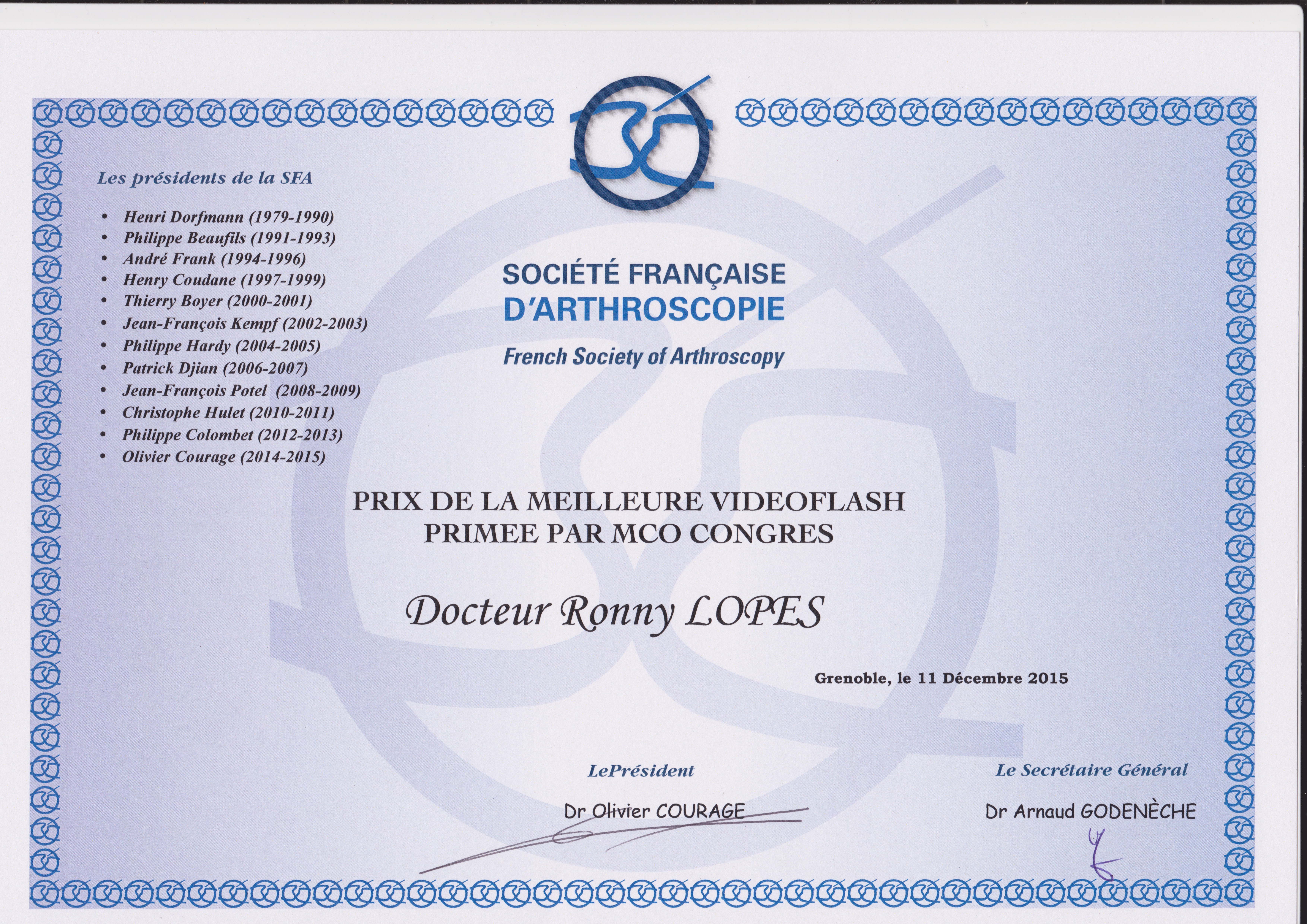 prix de la vidéo société française d'arthroscopie